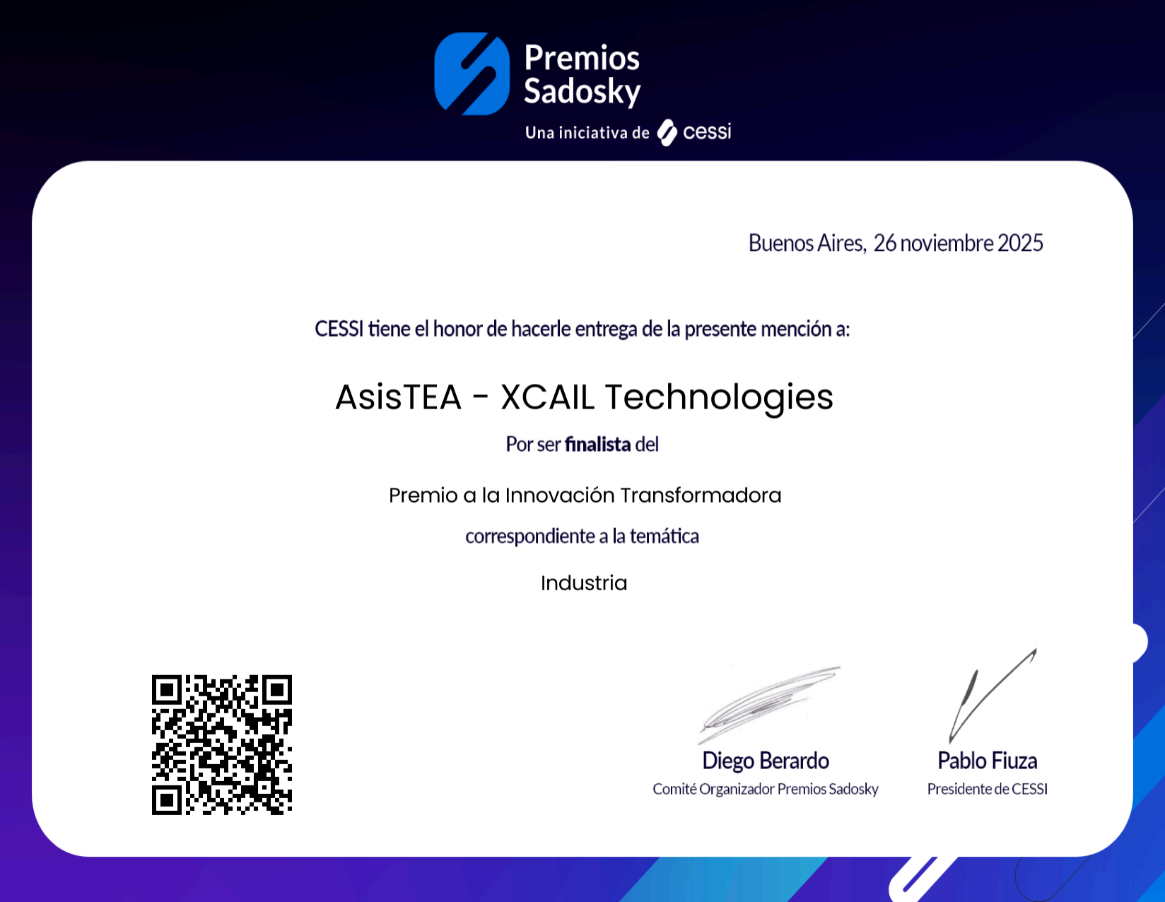 Certificado Premio Sadosky 2025 - Innovación Transformadora